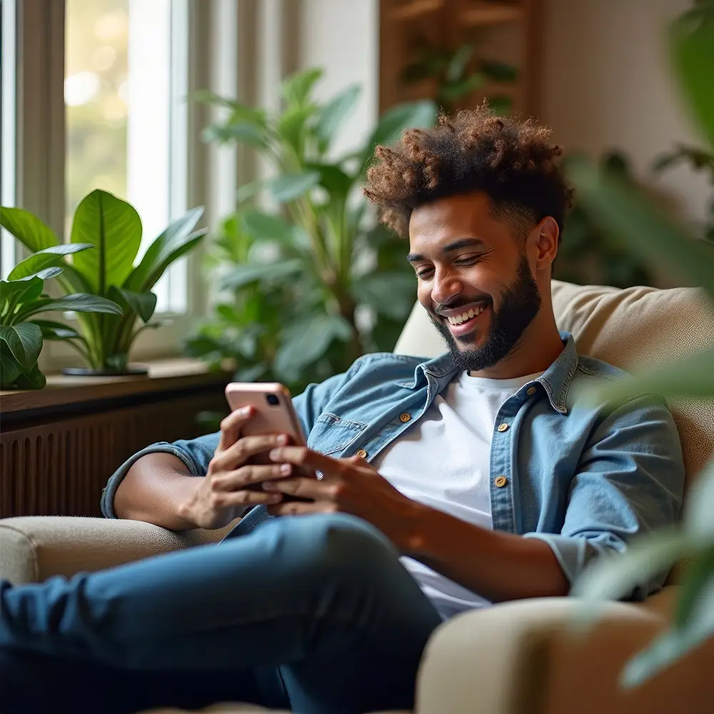 Smiling man relaxing on a sofa while using IDVIA Flow Finder on his phone.