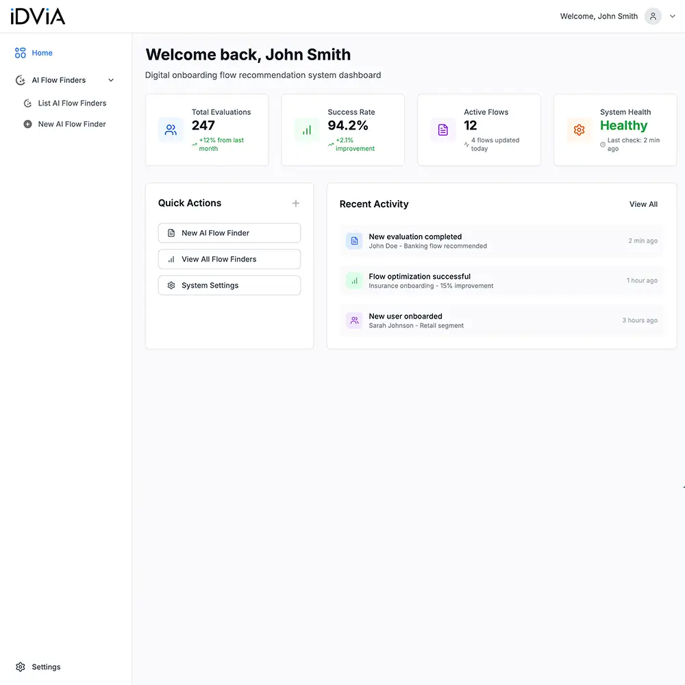 IDVIA Flow Finder dashboard showing onboarding flow recommendations.
