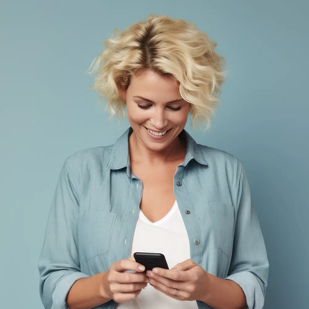 Woman smiling while using a tablet with digital data dashboards glowing in the background.