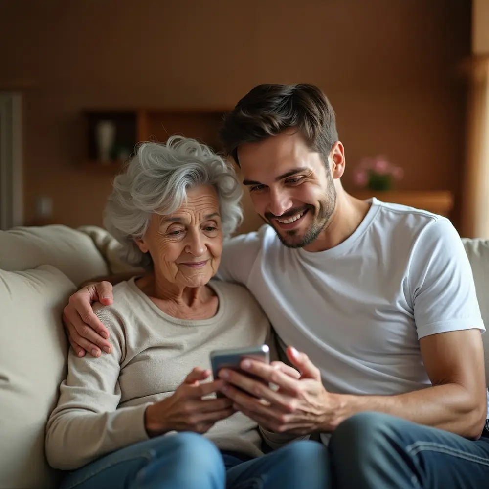 Young man helping an elderly woman use a smartphone while sitting together on a sofa at home.